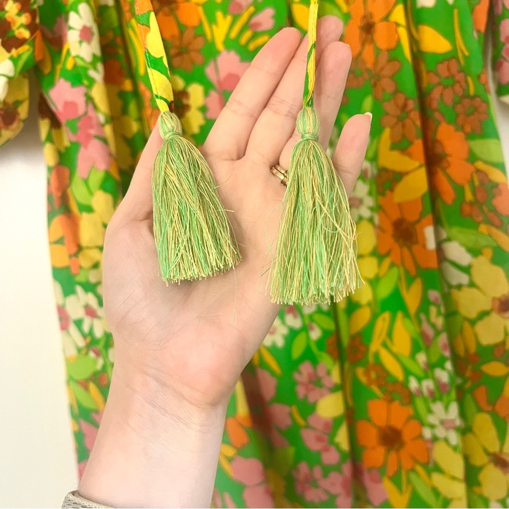 ODDY Babydoll Dress Women’s Small Green Floral Boho Puff Sleeve Tassel Oversized - Picture 4 of 16